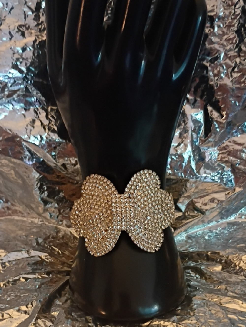 Rhinestone Bow Cuff Bracelet in Gold Tone